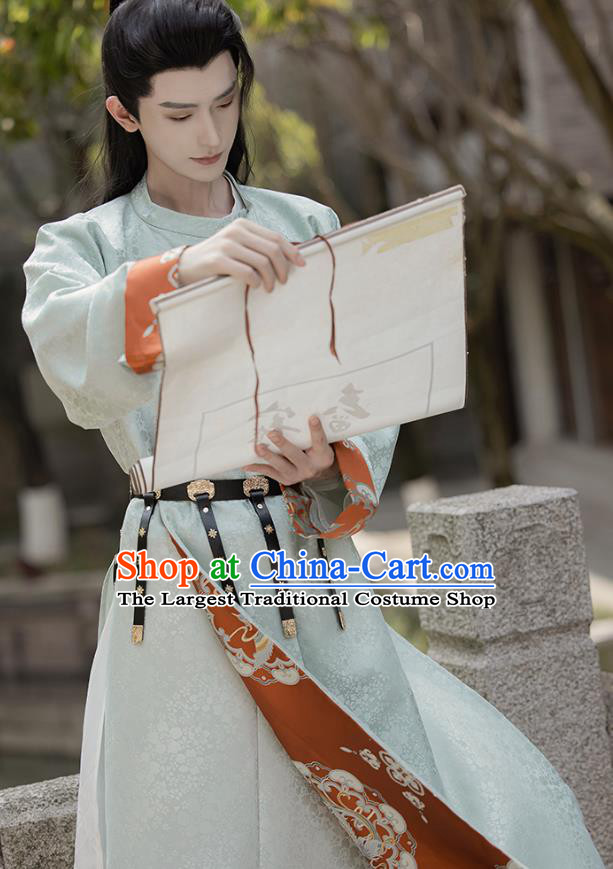 China Ancient Young Warrior Costumes Traditional Hanfu Light Green Round Collar Robe Tang Dynasty Swordsman Li Bai Clothing