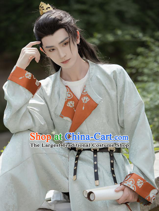 China Ancient Young Warrior Costumes Traditional Hanfu Light Green Round Collar Robe Tang Dynasty Swordsman Li Bai Clothing