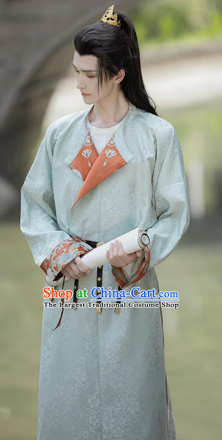 China Ancient Young Warrior Costumes Traditional Hanfu Light Green Round Collar Robe Tang Dynasty Swordsman Li Bai Clothing