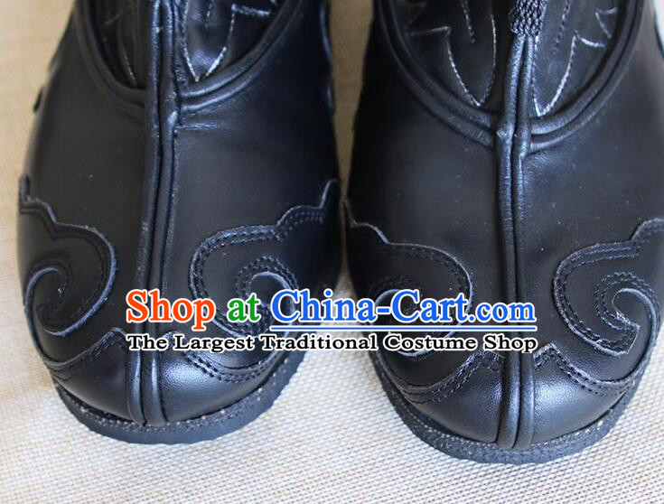 China Old Beijing Shoes Handmade Leather Boots Black Kung Fu Boots Winter Fleece Linning Insulated Shoes