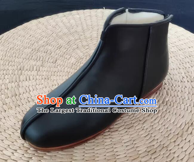 China Winter Insulated Shoes Old Beijing Shoes Handmade Leather Boots Black Kung Fu Boots