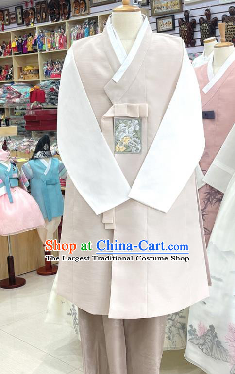 Korean Embroidered Male Costumes Traditional Hanbok Wedding Groom Clothing Beige Top and Pants