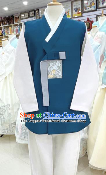 Korean Wedding Groom Clothing Dark Blue Shirt and Pants Embroidered Male Costumes Traditional Hanbok