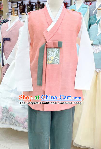 Traditional Hanbok Korean Wedding Groom Clothing Pink Shirt and Green Pants Embroidered Male Costumes