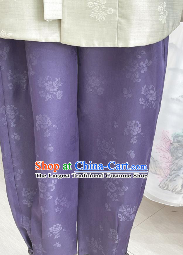 Traditional Groom Hanbok Green Shirt and Purple Pants Korean Embroidered Male Costumes Wedding Clothing