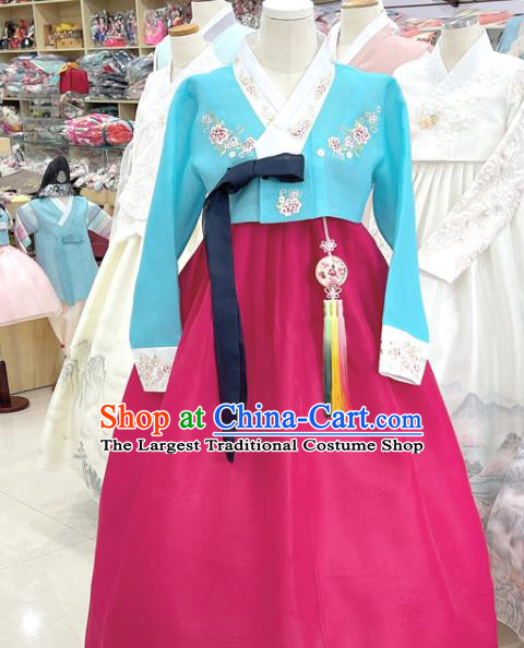 Traditional Hanbok Wedding Costumes Korean Bride Clothing Embroidered Blue Blouse and Magenta Dress