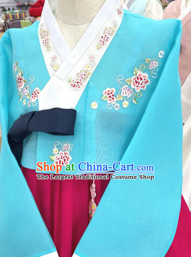 Traditional Hanbok Wedding Costumes Korean Bride Clothing Embroidered Blue Blouse and Magenta Dress