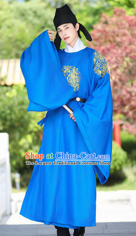 China Traditional Hanfu Garment Ancient Imperial Bodyguard Costume Tang Dynasty Official Blue Round Collar Robe
