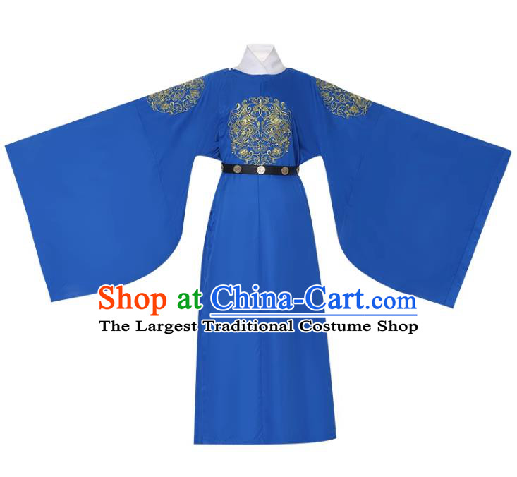 China Traditional Hanfu Garment Ancient Imperial Bodyguard Costume Tang Dynasty Official Blue Round Collar Robe