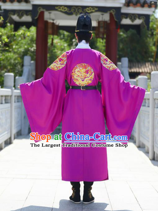 China Ming Dynasty Official Purple Dragon Robe Traditional Hanfu Garment Ancient Imperial Bodyguard Costume