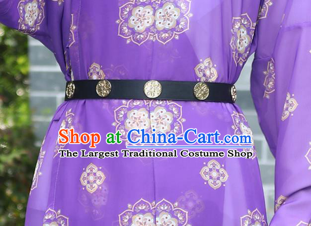 China Ancient Swordsman Costume Tang Dynasty Young Hero Purple Round Collar Robe Traditional Hanfu Garment