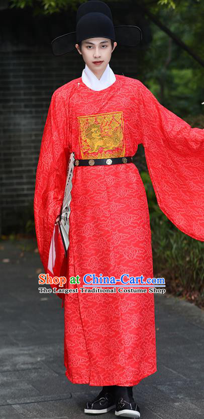 China Traditional Hanfu Garment Ancient Official Costume Ming Dynasty Military Officer Red Robe