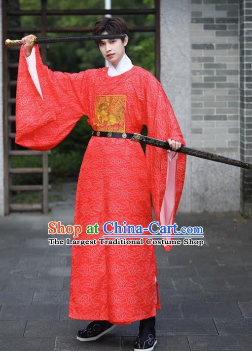 China Traditional Hanfu Garment Ancient Official Costume Ming Dynasty Military Officer Red Robe