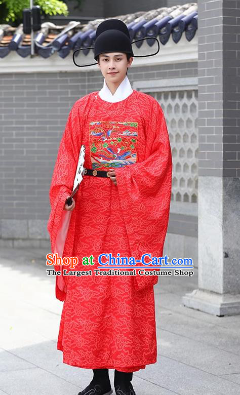 Traditional Hanfu Wedding Garment Ancient China Groom Costume Ming Dynasty Official Embroidered Golden Pheasant Red Robe