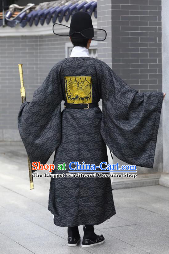 China Ming Dynasty Military Official Embroidered Lion Black Robe Traditional Hanfu Garment Ancient Officer Costume