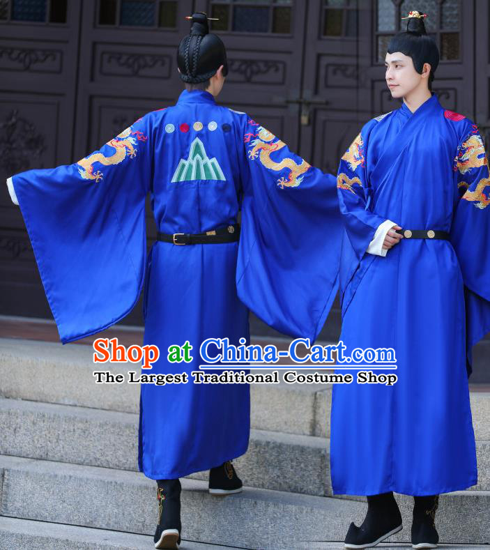 China Traditional Male Hanfu Garment Ancient Emperor Costume Ming Dynasty Prince Blue Embroidered Dragon Robe