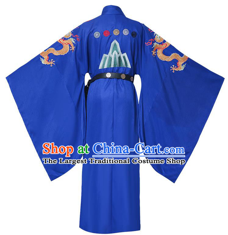 China Traditional Male Hanfu Garment Ancient Emperor Costume Ming Dynasty Prince Blue Embroidered Dragon Robe