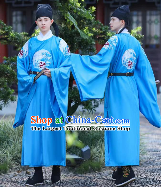 China Tang Dynasty Childe Blue Embroidered Robe Traditional Male Hanfu Garment Ancient Official Costume
