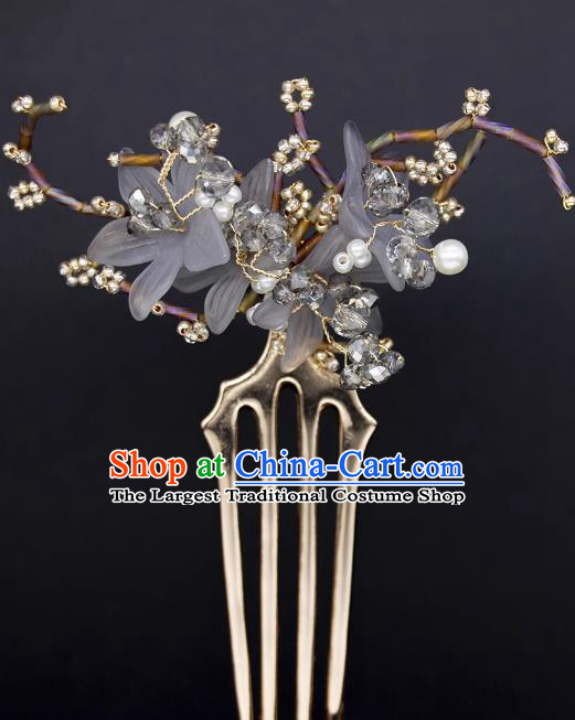 Handmade Ming Dynasty Princess Grey Flower Hair Comb Hanfu Hair Jewelry China Ancient Empress Hairpin