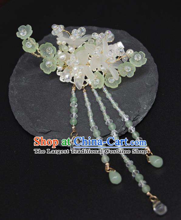 China Hanfu Hair Jewelry Ancient Fairy Green Tassel Hairpin Handmade Ming Dynasty Princess Flower Hair Stick