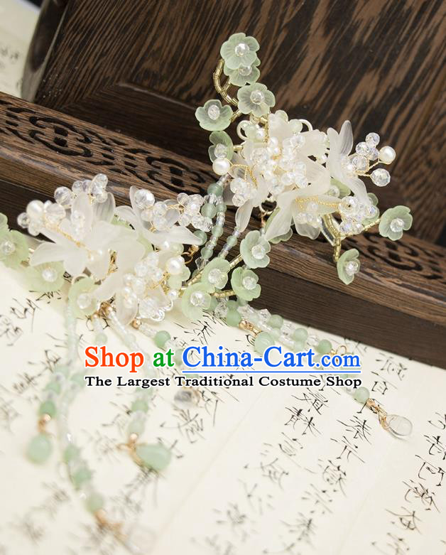 China Hanfu Hair Jewelry Ancient Fairy Green Tassel Hairpin Handmade Ming Dynasty Princess Flower Hair Stick