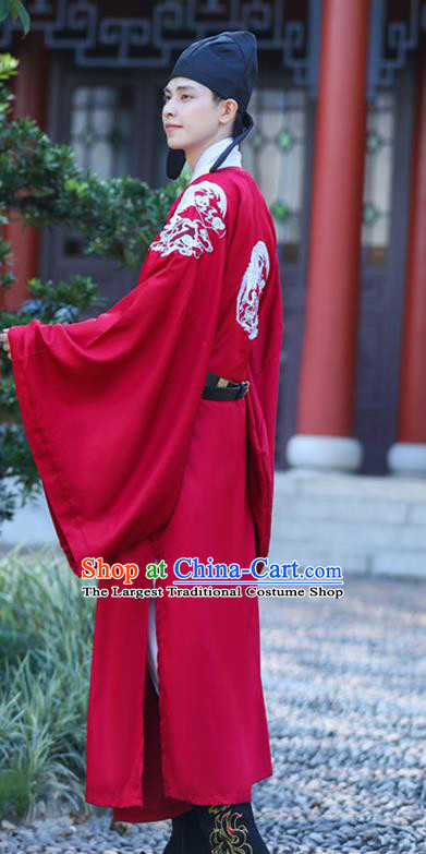 China Ancient Groom Wedding Costume Tang Dynasty Official Clothing Traditional Hanfu Wine Red Crane Robe