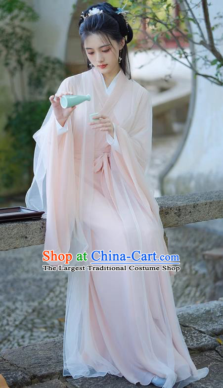 China Traditional Hanfu Pink Dress Ancient Fairy Princess Clothing Jin Dynasty Woman Costumes