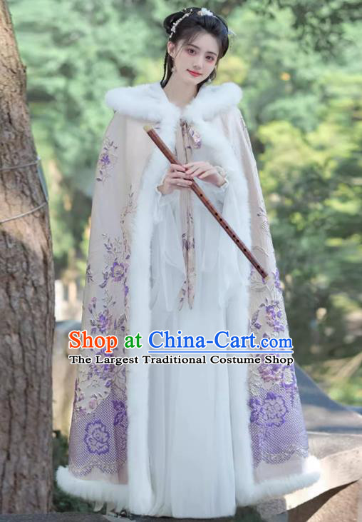 China Ancient Fairy Princess Clothing Ming Dynasty Young Lady Costume Traditional Hanfu Purple Embroidered Cloak