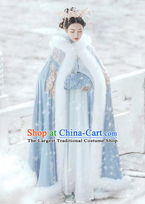 China Qing Dynasty Imperial Concubine Costume Traditional Manchu Woman Blue Cloak Ancient Court Empress Clothing