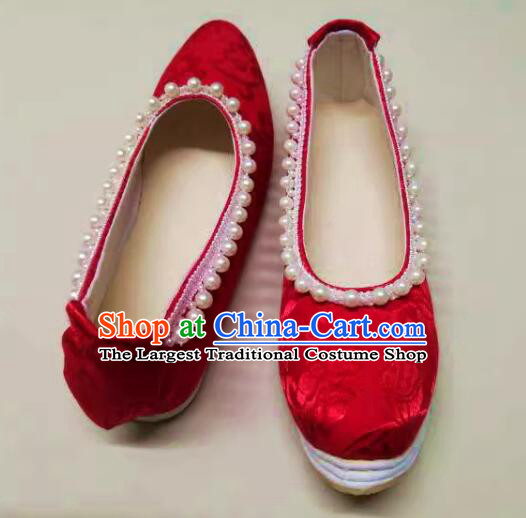 China Song Dynasty Pearls Shoes Ancient Princess Shoes Handmade Hanfu Red Brocade Shoes