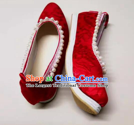 China Song Dynasty Pearls Shoes Ancient Princess Shoes Handmade Hanfu Red Brocade Shoes