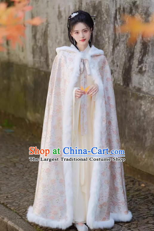 China Ming Dynasty Long Cloak Traditional Hanfu Winter Costume Ancient Princess Mantle Clothing