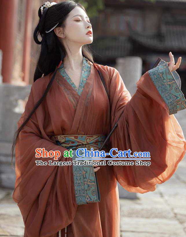 China Warring States Period Young Lady Costumes Traditional Hanfu Red Straight Front Robe Ancient Royal Princess Clothing