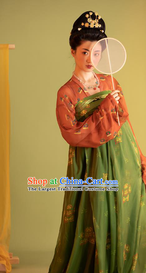 China Ancient Palace Woman Clothing Tang Dynasty Court Princess Costumes Traditional Hanfu Red Blouse and Green Bustier Dress
