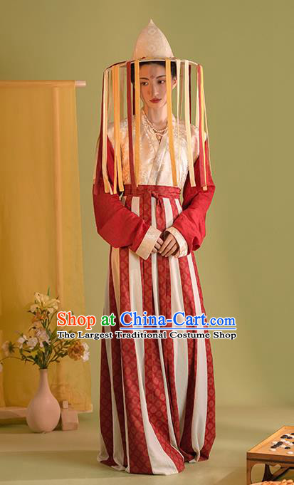 China Tang Dynasty Princess Gao Chang Costumes Ancient Palace Lady Clothing Traditional Hanfu White Beizi Red Blouse and Skirt Set