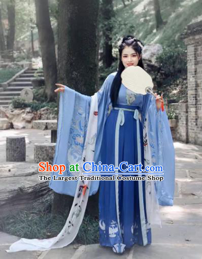 Ancient China Young Woman Clothing Traditional Hanfu Blue Wide Sleeve Ruqun Song Dynasty Lady Costumes