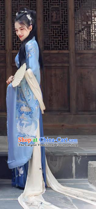 Ancient China Young Woman Clothing Traditional Hanfu Blue Wide Sleeve Ruqun Song Dynasty Lady Costumes