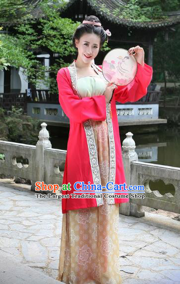 China Song Dynasty Woman Costumes Ancient Young Mistress Clothing Traditional Hanfu Rosy Beizi and Pants Complete Set
