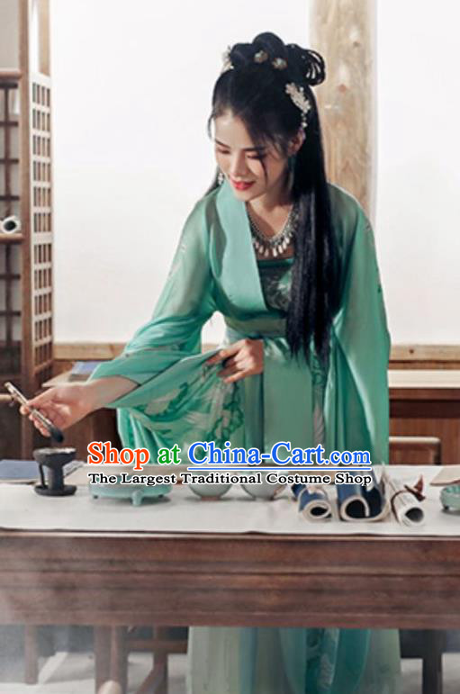 China Jin Dynasty Royal Princess Costumes Ancient Young Woman Clothing Traditional Hanfu Green Wide Sleeve Ruqun