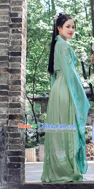 China Jin Dynasty Royal Princess Costumes Ancient Young Woman Clothing Traditional Hanfu Green Wide Sleeve Ruqun