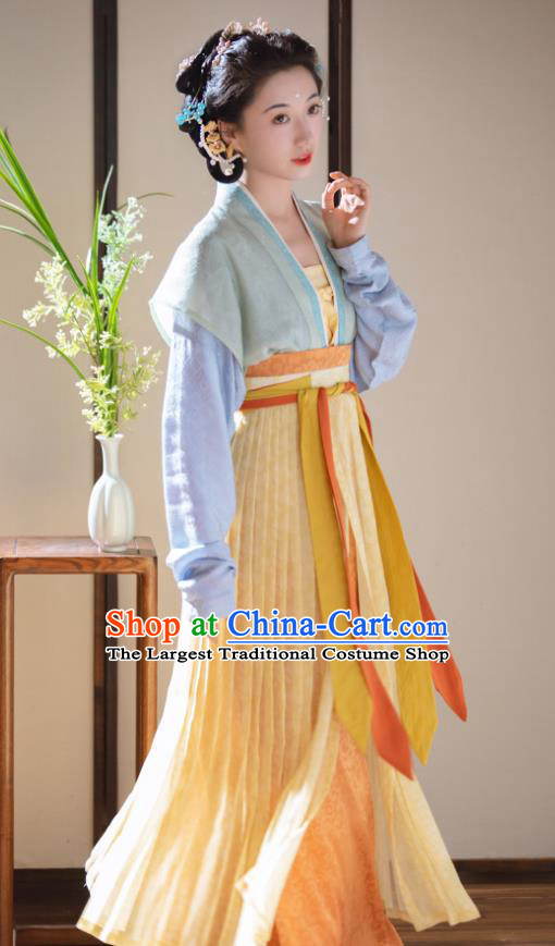 China Ancient Noble Lady Clothing Southern Song Dynasty Young Woman Costumes Traditional Hanfu Green Beizi Blue Long Shirt and Orange Skirt