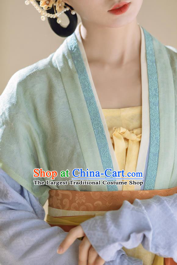 China Ancient Noble Lady Clothing Southern Song Dynasty Young Woman Costumes Traditional Hanfu Green Beizi Blue Long Shirt and Orange Skirt