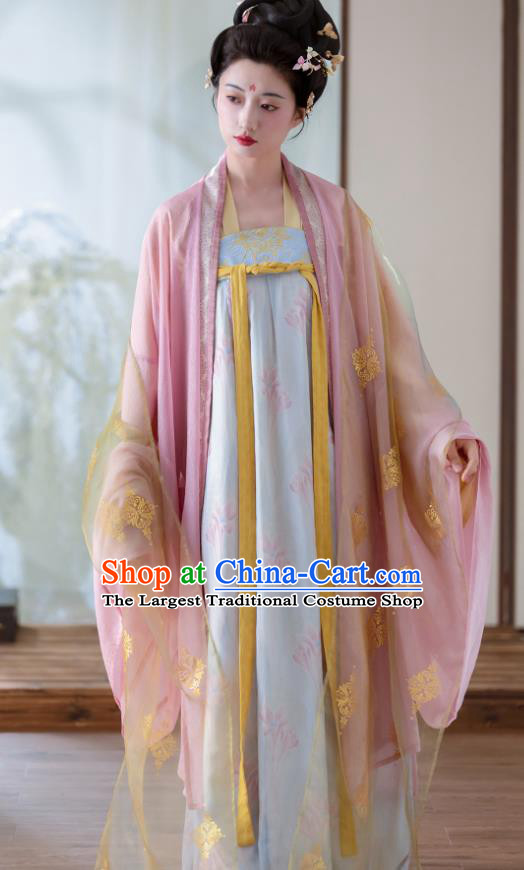 China Late Tang Dynasty Royal Empress Costumes Traditional Hanfu Pink Cape and Blue Dress Ancient Court Woman Clothing