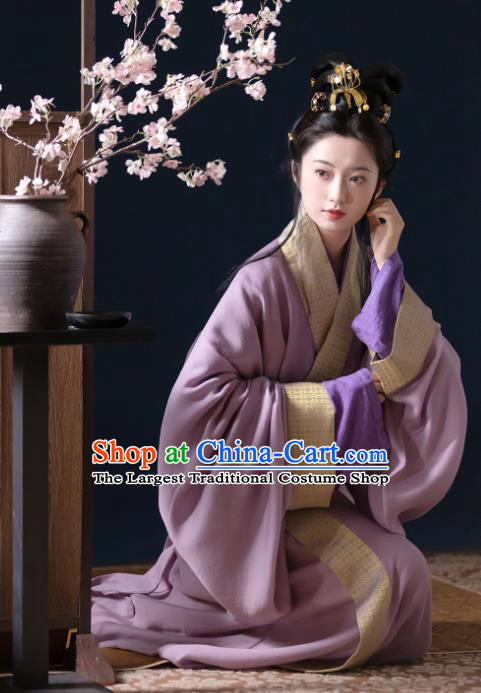 China Ancient Court Princess Clothing Eastern Han Dynasty Royal Empress Costume Traditional Hanfu Lilac Straight Front Robe