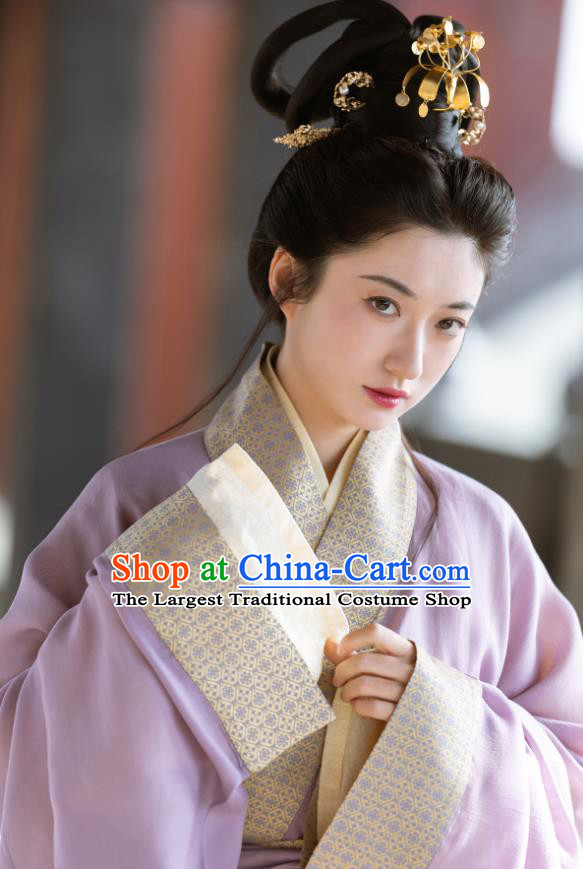 China Ancient Court Princess Clothing Eastern Han Dynasty Royal Empress Costume Traditional Hanfu Lilac Straight Front Robe