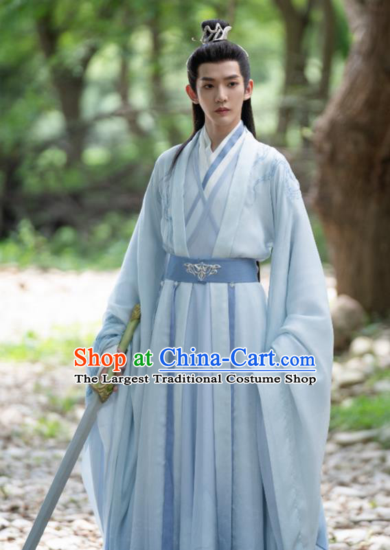 China Traditional Male Hanfu Romance Drama The Journey of Chong Zi Noble Childe Qin Ke Garments Ancient Swordsman Blue Costumes