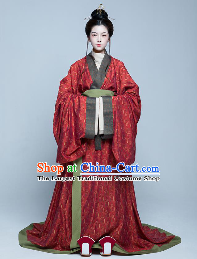 China Traditional Hanfu Red Dress Eastern Han Dynasty Noble Woman Clothing Ancient Palace Empress Costumes