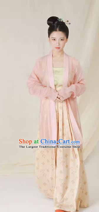 China Song Dynasty Young Woman Clothing Ancient Lady Replica Costumes Traditional Hanfu Pink Beizi Green Top and Beige Skirt Complete Set
