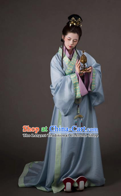 China Traditional Hanfu Blue Dress Eastern Han Dynasty Young Woman Xiao Qiao Clothing Ancient Imperial Consort Replica Costumes