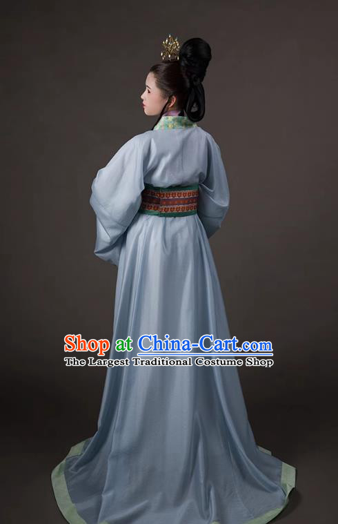 China Traditional Hanfu Blue Dress Eastern Han Dynasty Young Woman Xiao Qiao Clothing Ancient Imperial Consort Replica Costumes